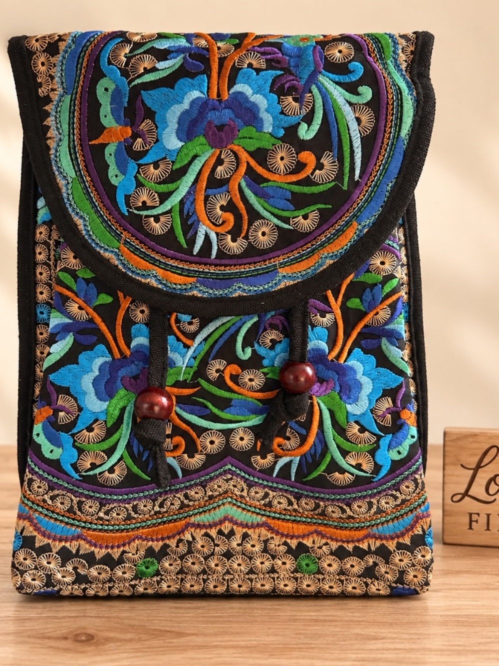 Boho Multicolor Floral Embroidered Drawstring Backpack Bag NWOT